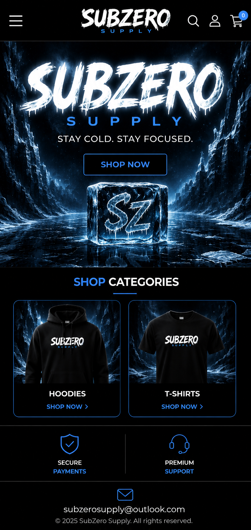 SubZero Supply mobile homepage with shop navigation, hero, category cards, and footer email.
